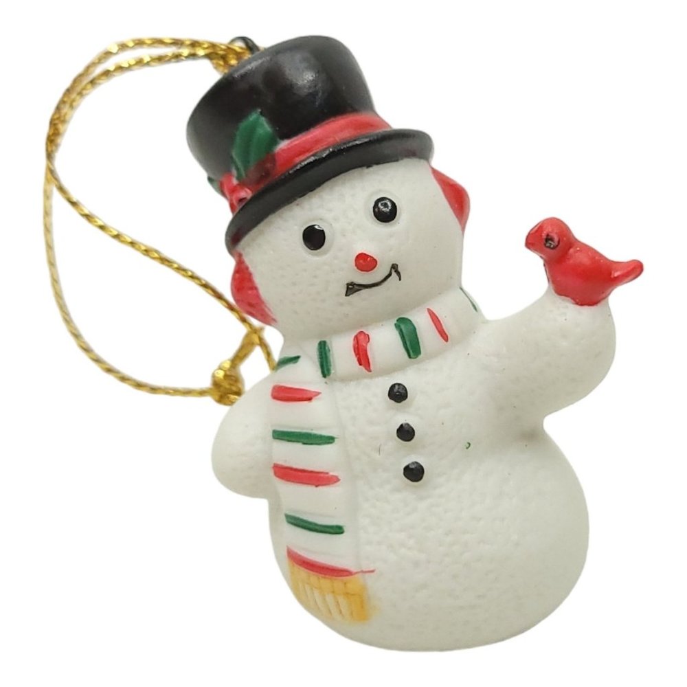 Vintage 1980s Russ Berrie Porcelain Snowman Ornament Scarf Hat Cardinal 2861